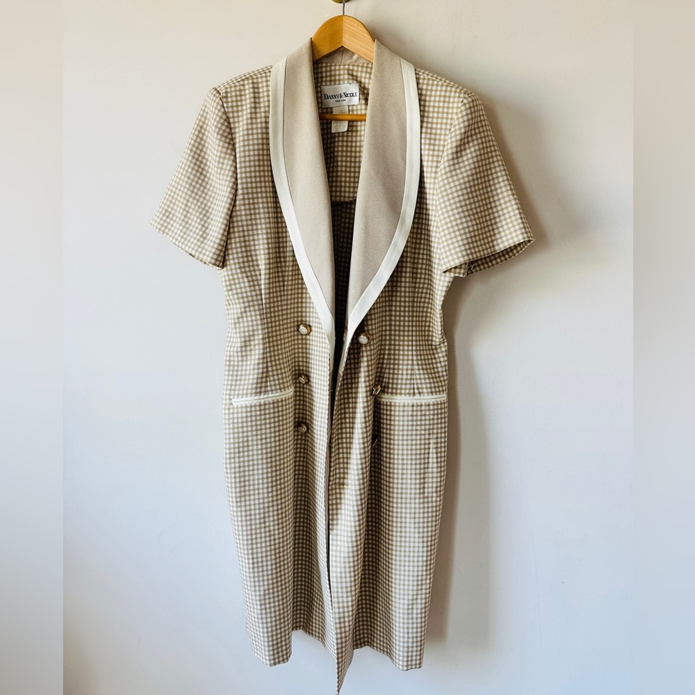 Vintage Tan & Cream Trim Double Breasted Blazer Style Dress Size 12 - Picture 8 of 10